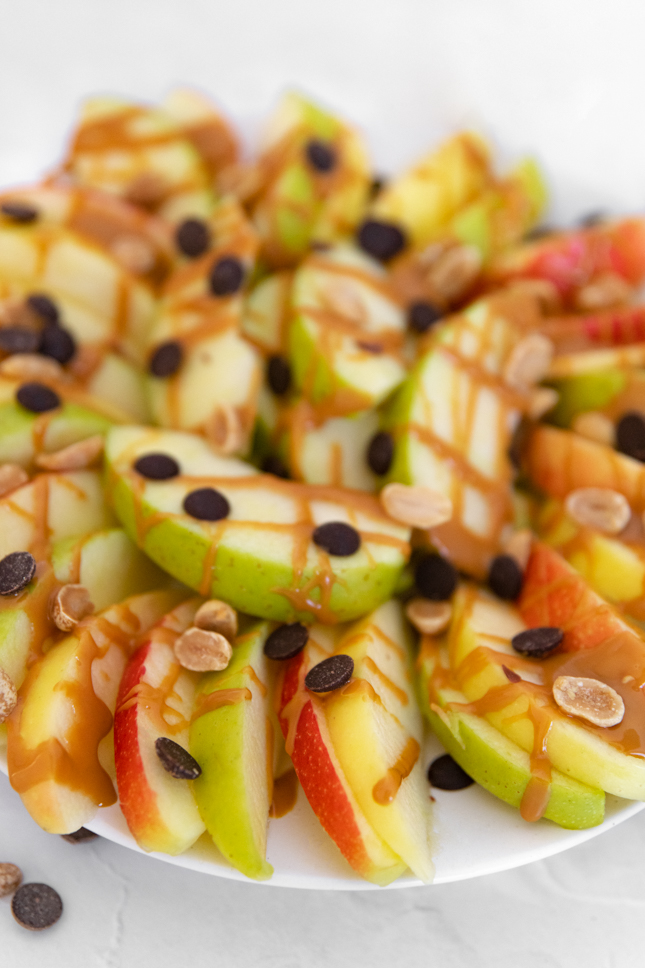 Close-up photo of a plate of apple nachos