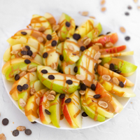 Square photo of a plate of apple nachos