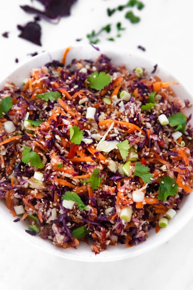 Close-up photo of a bowl of Asian slaw