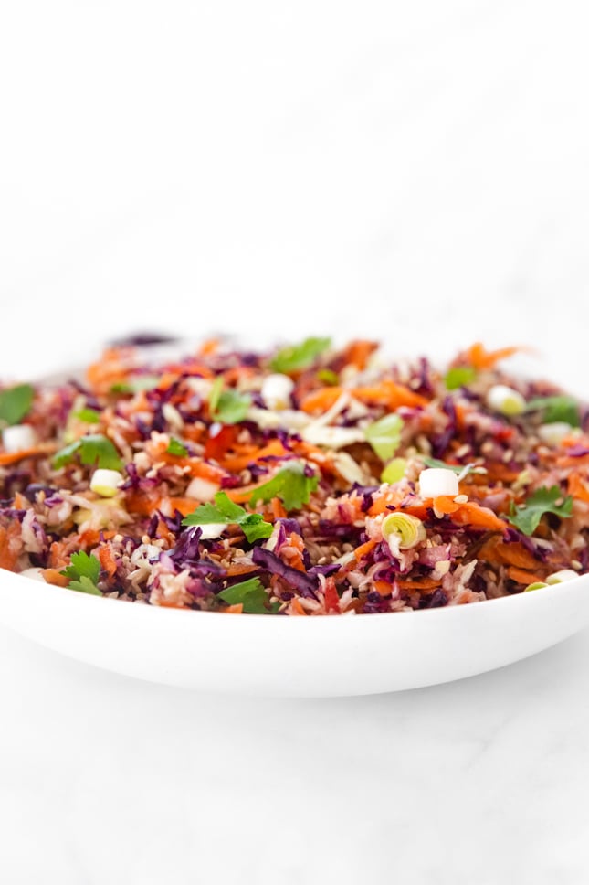 Side photo of a bowl of Asian slaw