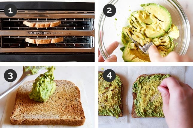 Step-by-step photos of how to make an avocado toast