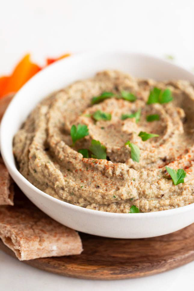 Close-up photo of a bowl of baba ganoush