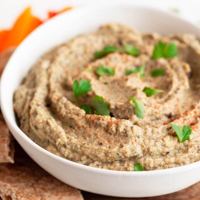 Square photo of a bowl of baba ganoush