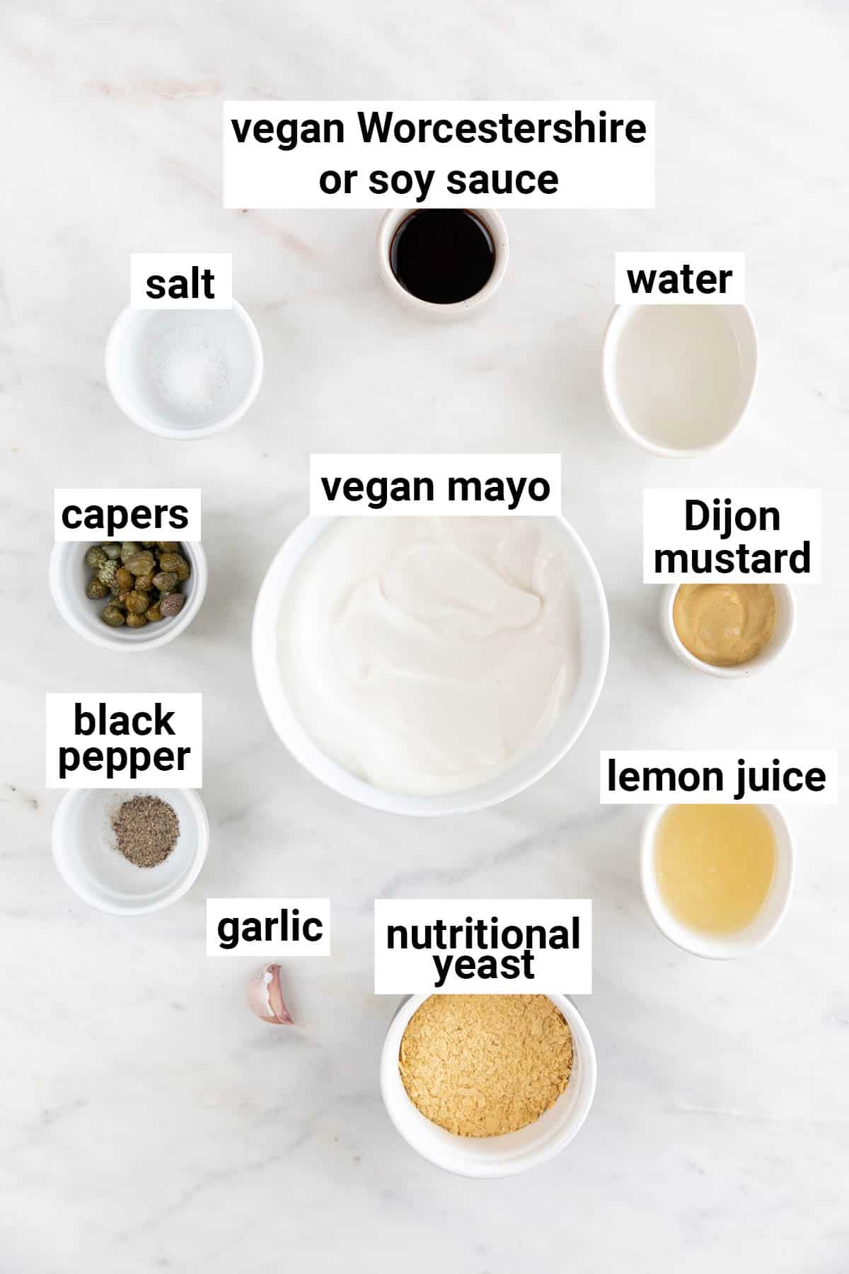 Ingredients needed to make vegan Caesar dressing.
