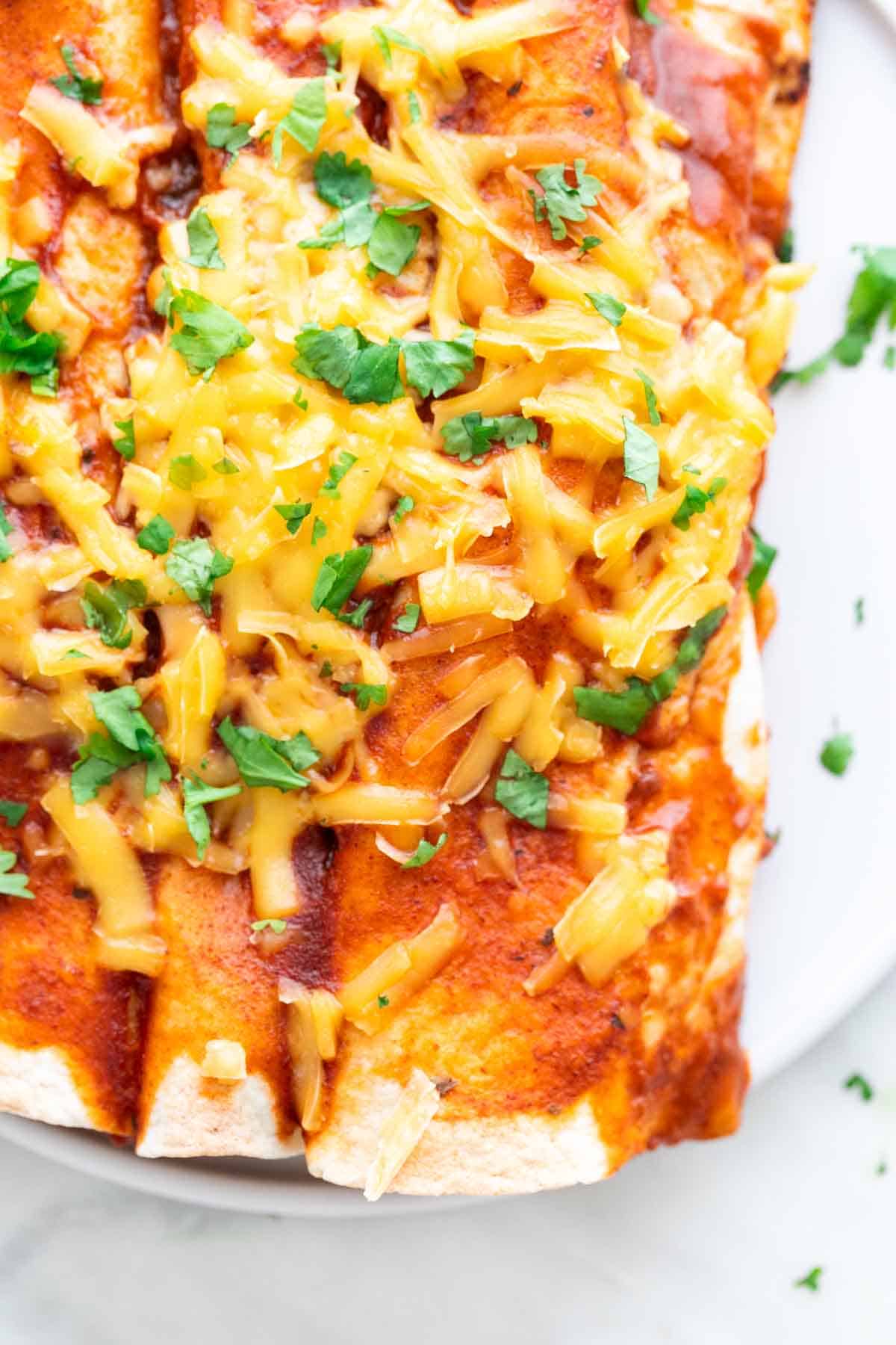 Plate of vegan enchiladas with cilantro on top.