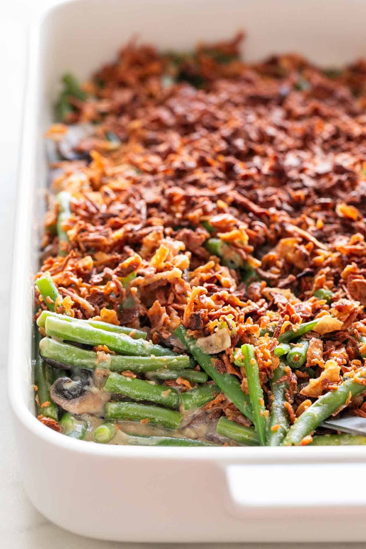 Vegan green bean casserole in a baking dish.