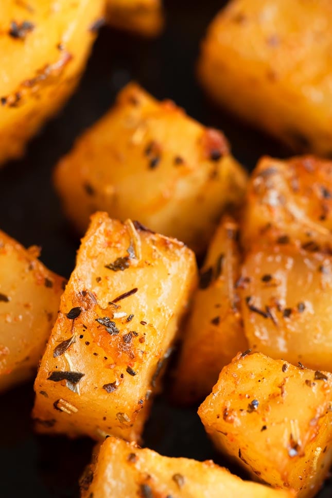 Close-up shot of some breakfast potatoes with dried herbs