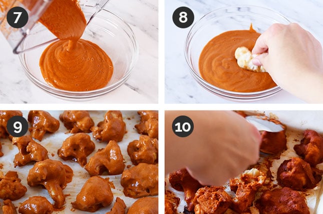 Photos of the last 4 steps of how to make buffalo cauliflower wings