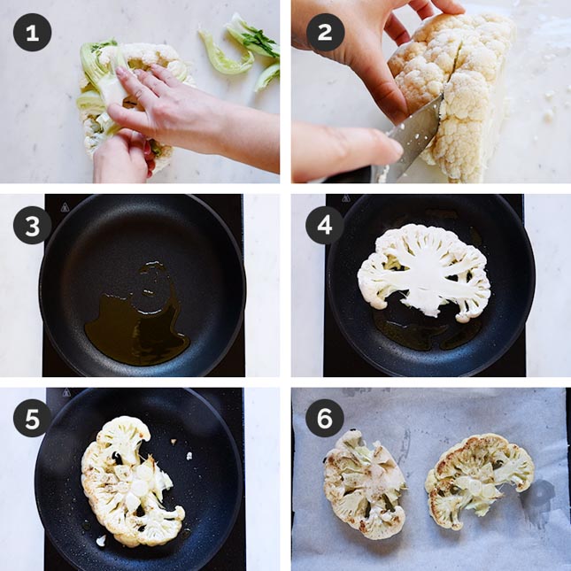6 shots of how to make cauliflower steak step by step