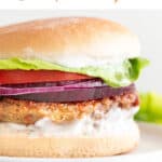 Vegan chickpea patty on bun with lettuce, tomato, red onion, and vegan mayo.