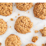 Lots of vegan oatmeal cookies on a marble slab.