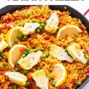 Vegan paella in a paella pan.