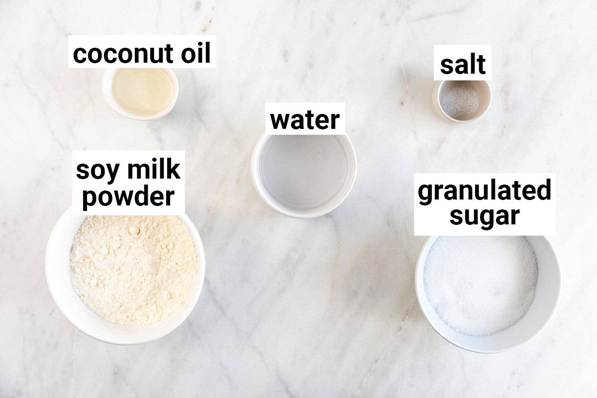 Ingredients needed to make vegan sweetened condensed milk.