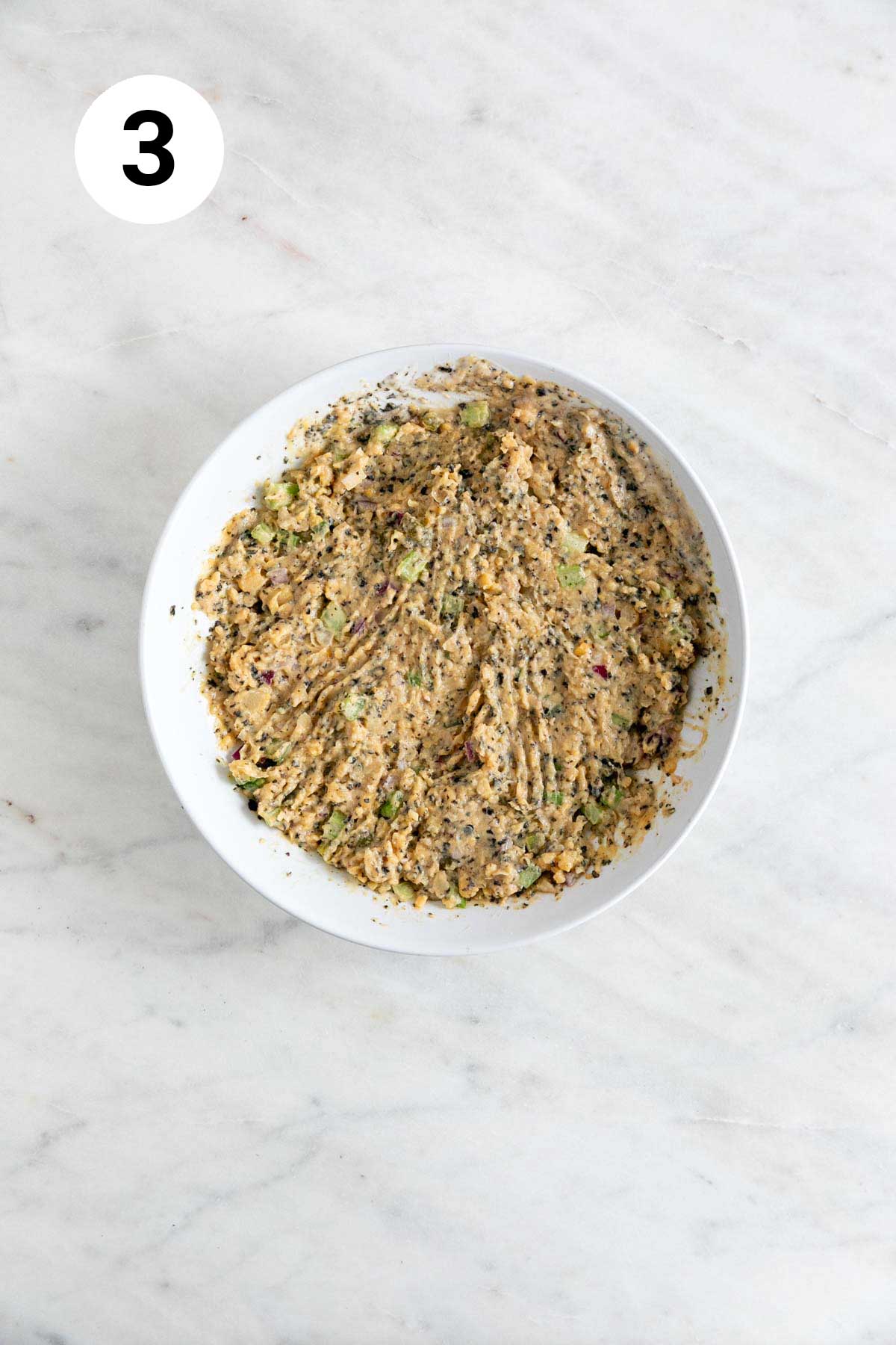 Vegan tuna mixture in a shallow dish.