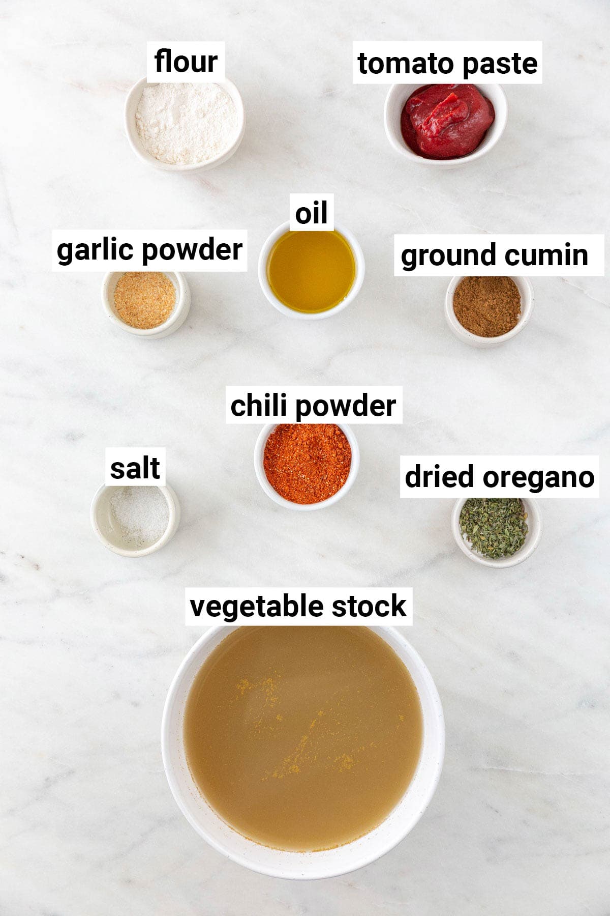 Ingredients needed to make red enchilada sauce.