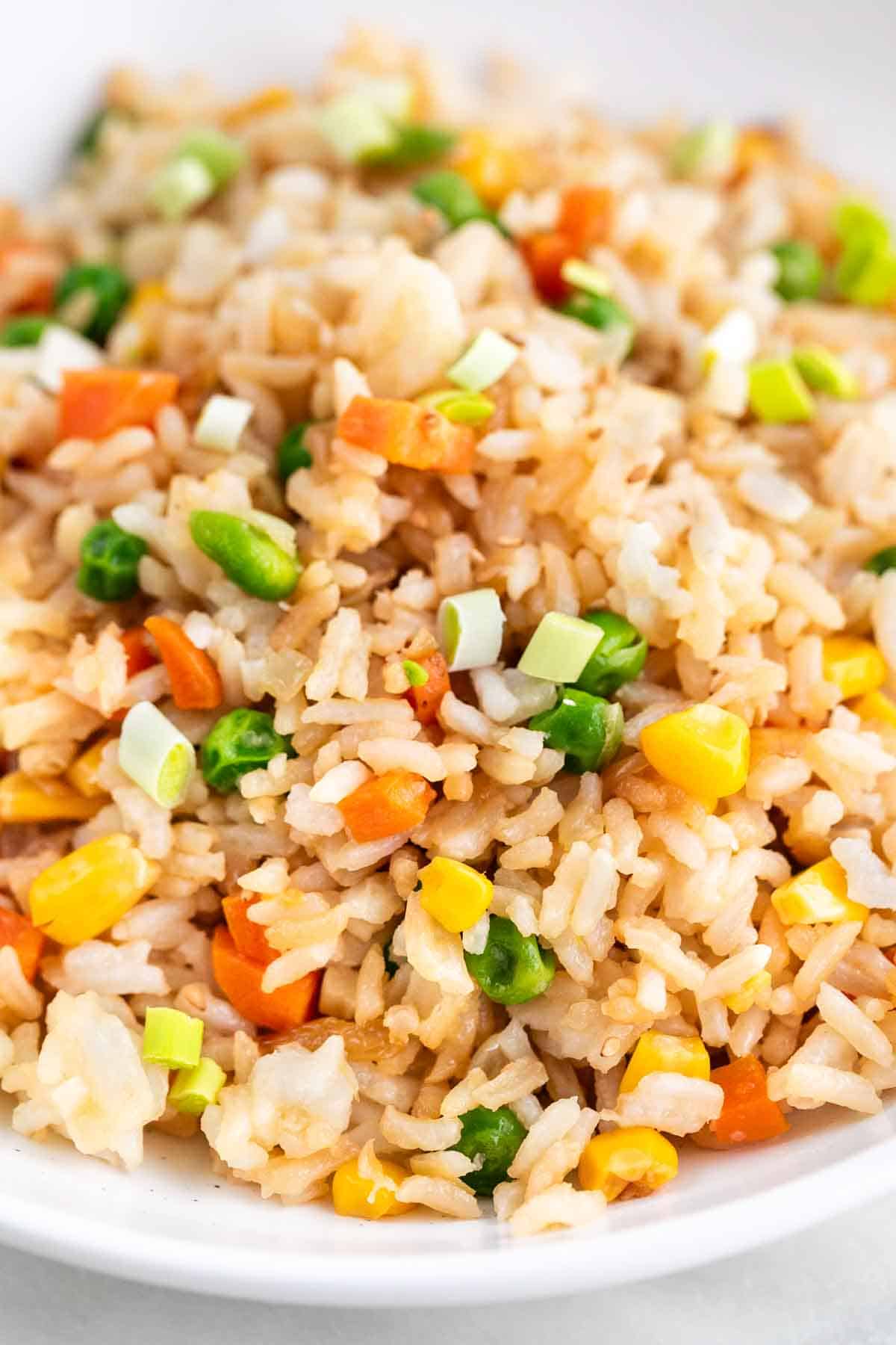 Shallow dish with vegan fried rice.