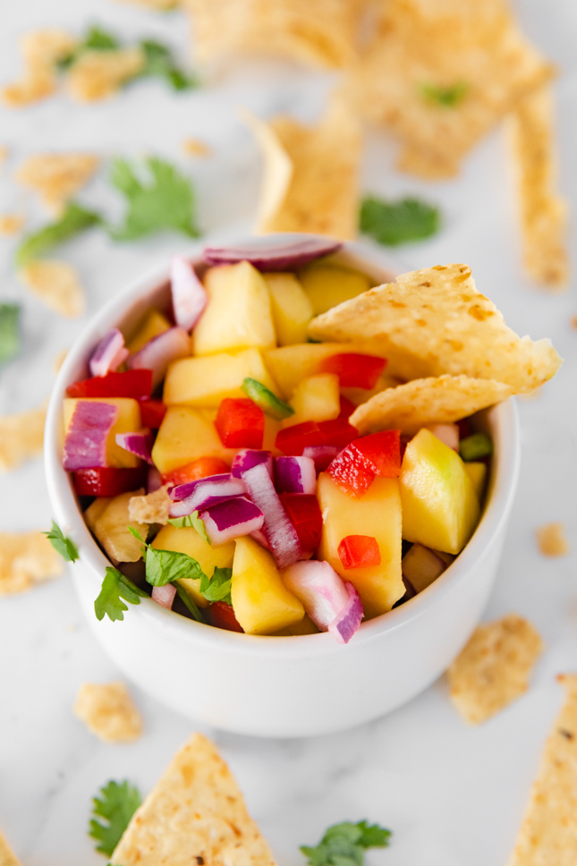 Close-up photo of a bowl of mango salsa