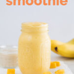 A picture of a Mason jar with mango smoothie and the words "mango smoothie"