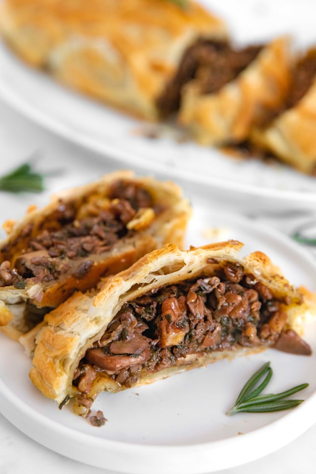 Close-up photo of some slices of mushroom Wellington