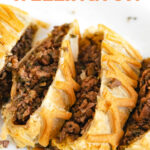 Photo of some slices of mushroom Wellington with the words mushroom Wellington