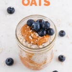 Photo of a glass jar of overnight oats with the words overnight oats