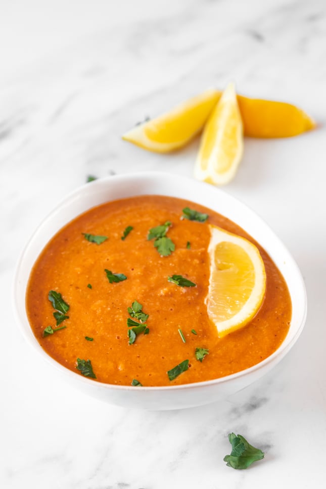 Photo of a bowl of red lentil soup
