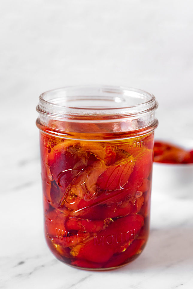 Photo of a jar of roasted red peppers