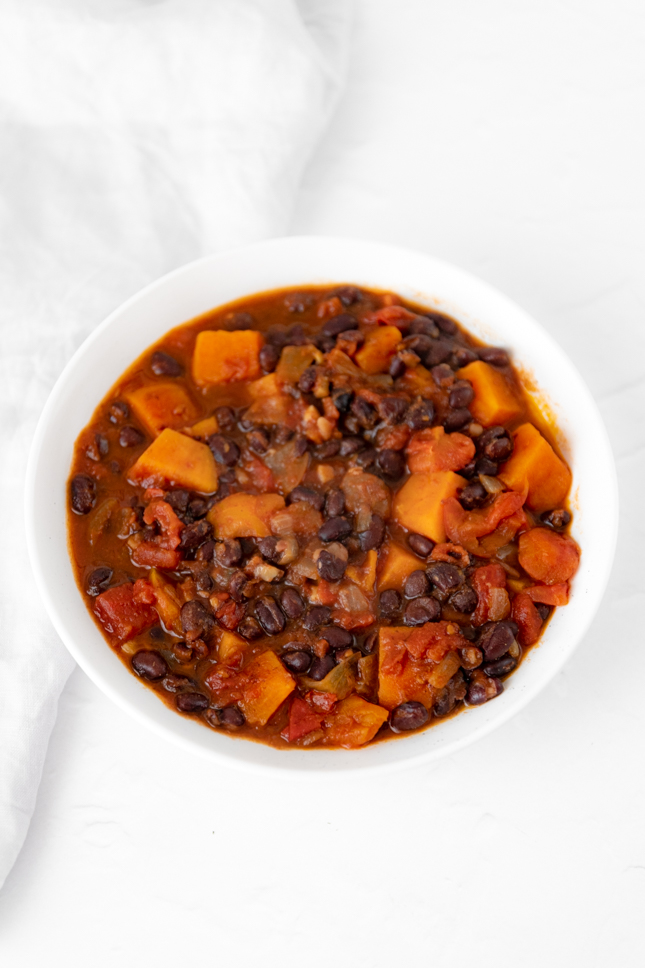 Photo of a bowl of sweet potato black bean chili