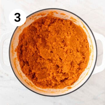 Vegan sweet potato casserole filling in a pot.