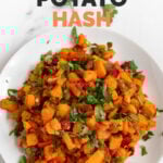 Photo of a plate of sweet potato hash with the words sweet potato hash
