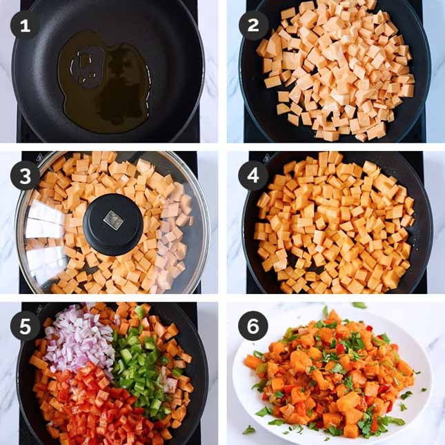 Step-by-step photos of how to make sweet potato hash
