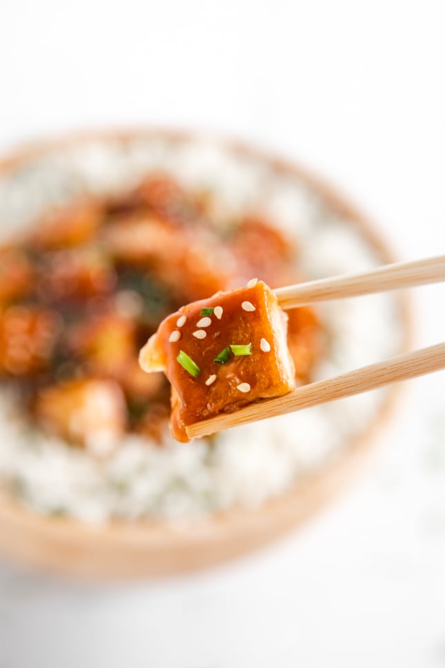 Close-up photo of a piece of teriyaki tofu