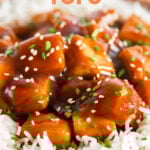 Close-up photo of a plate of teriyaki tofu with the words teriyaki tofu