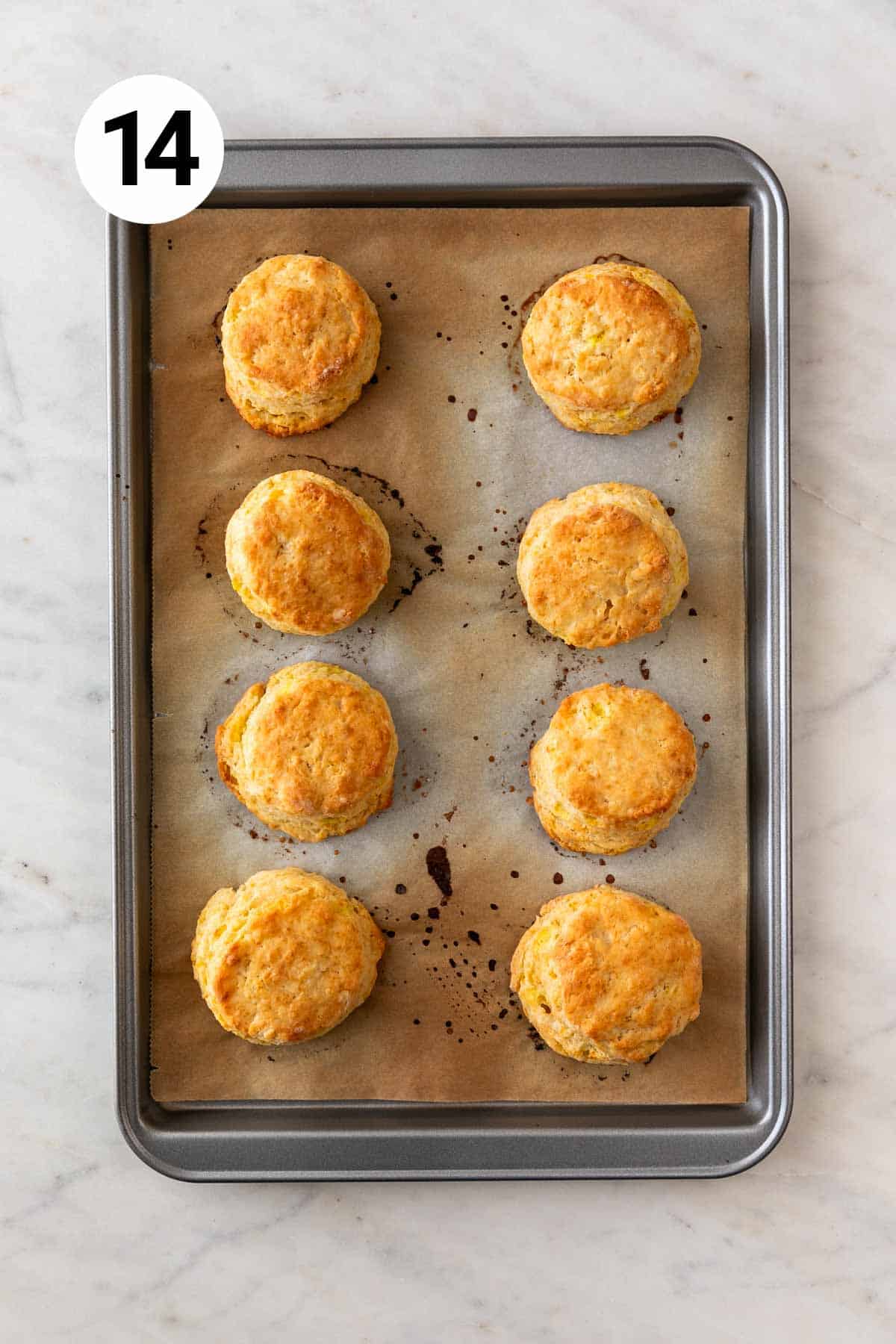 Vegan biscuits on a lined baking sheet after baking.