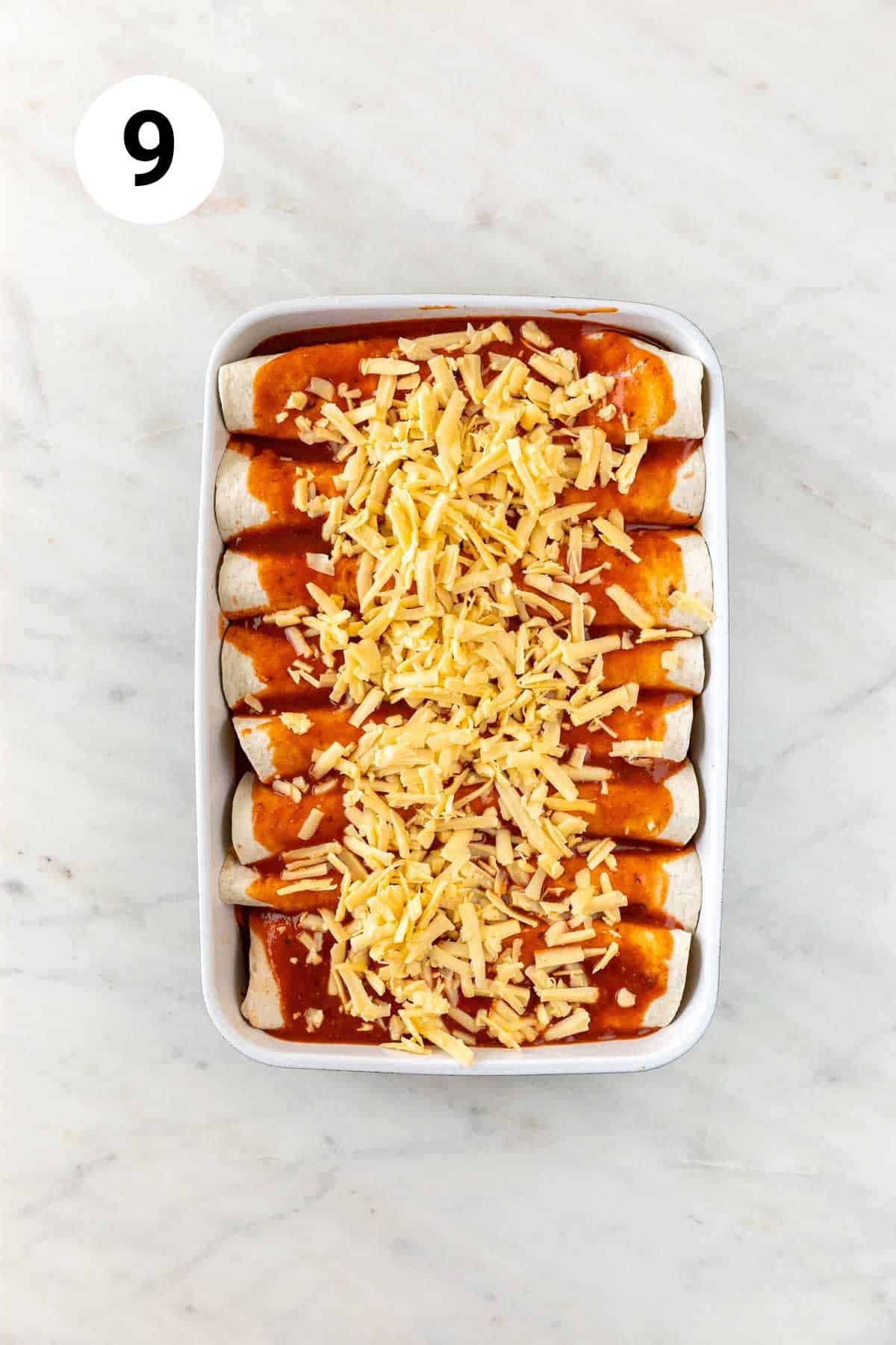 Assembled enchiladas before baking.