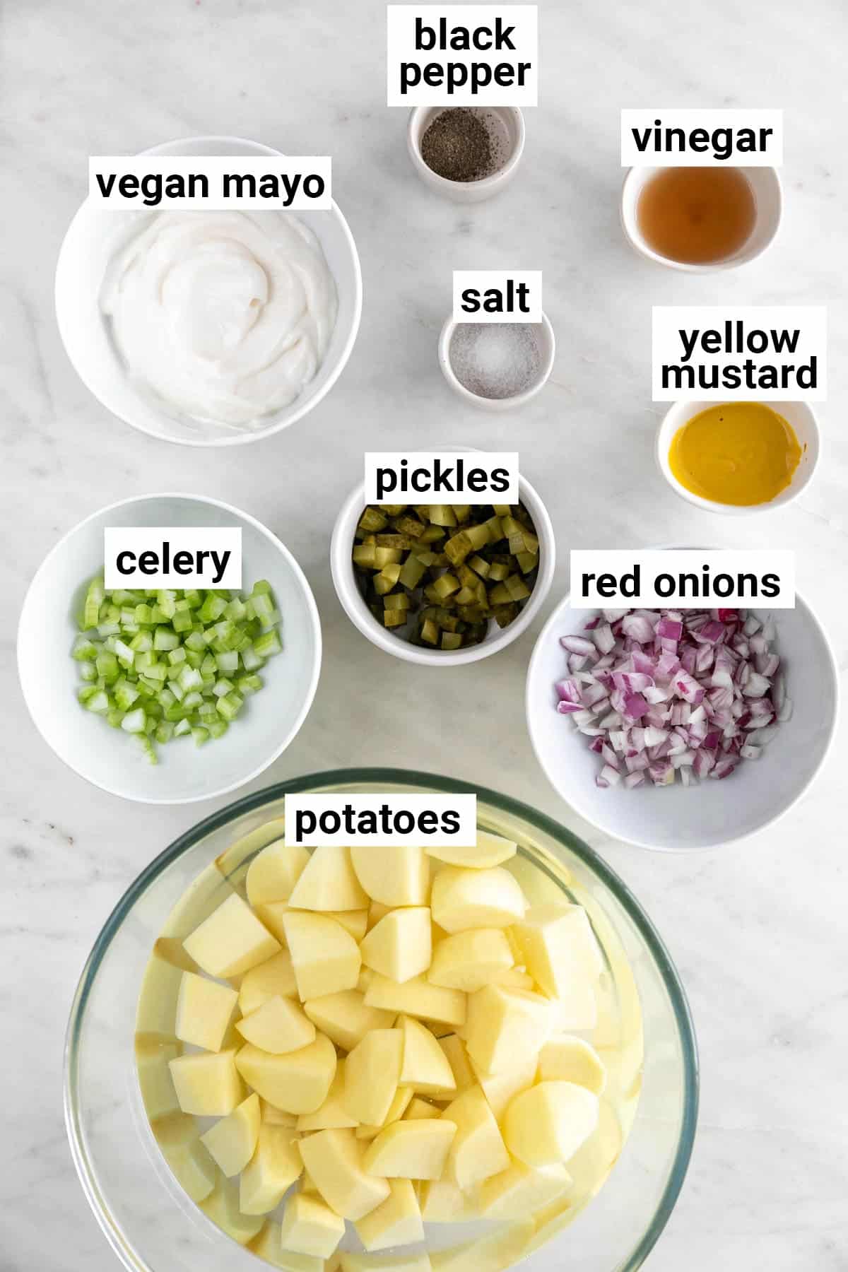 Ingredients needed to make vegan potato salad.