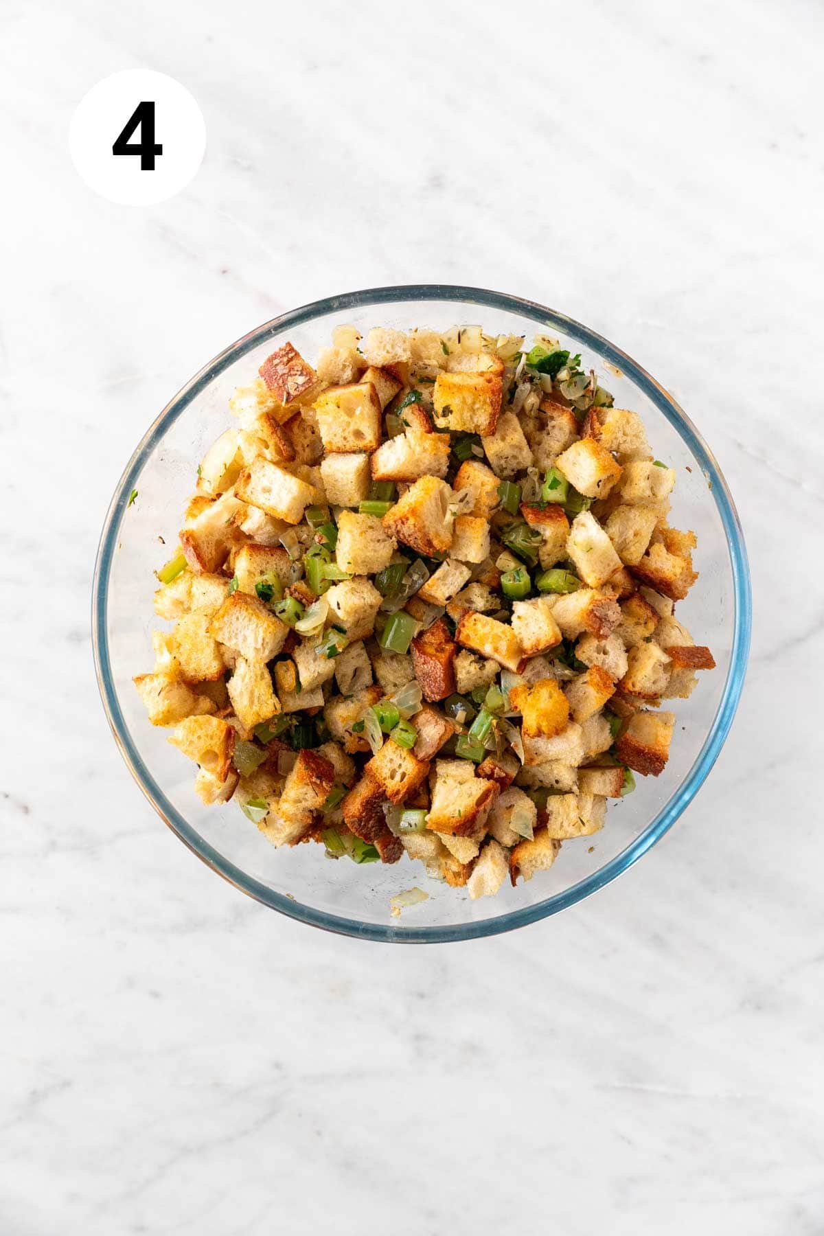 Vegan stuffing in a bowl before adding vegetable stock.