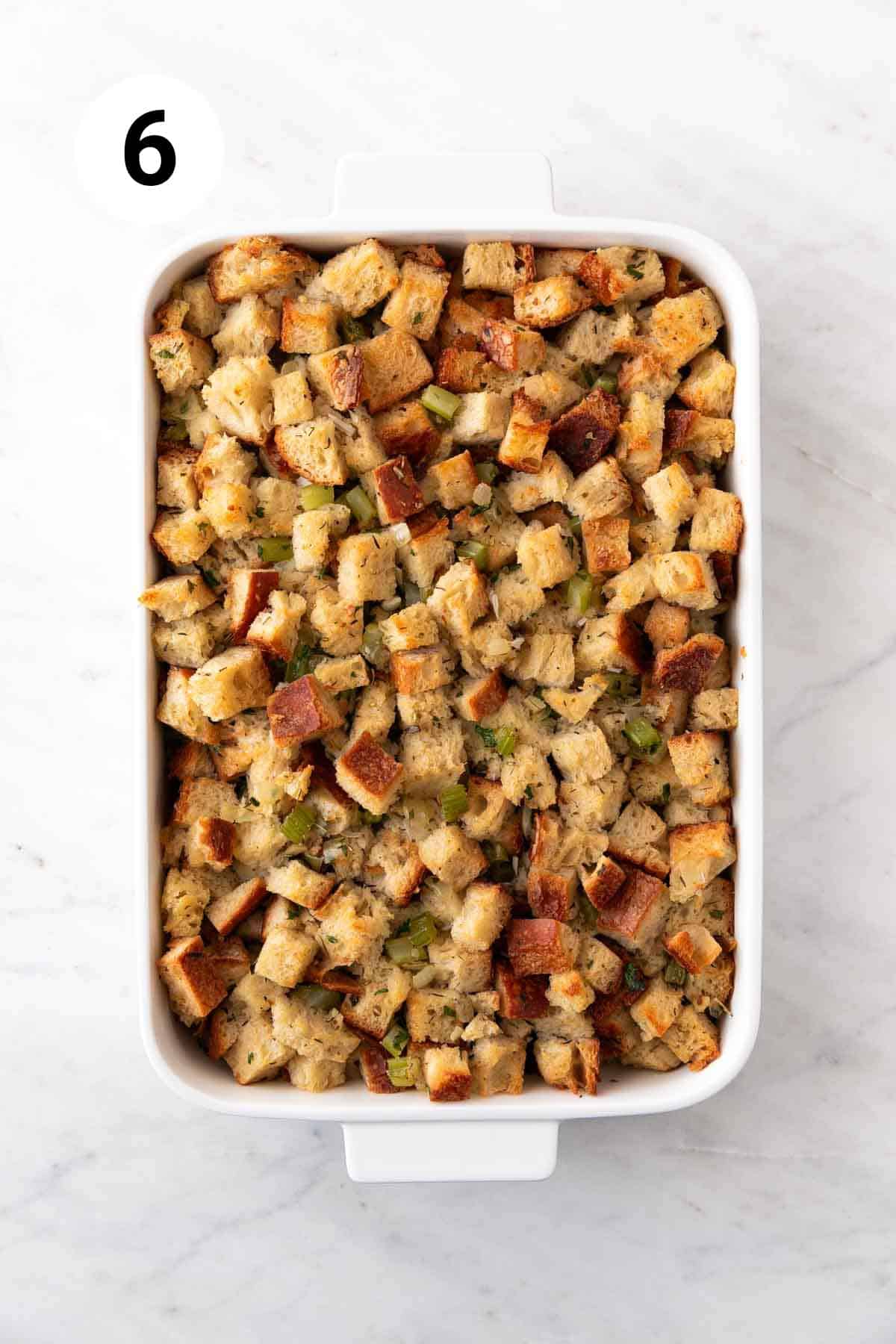 Baked vegan stuffing in a baking dish.