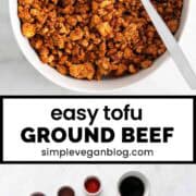 Crumbled tofu ground beef in a bowl with a spoon.