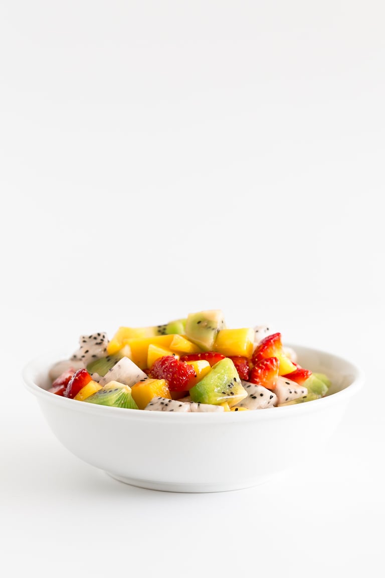 Tropical Fruit Salad. - This tropical fruit salad is a delicious, simple and healthy recipe, made with fresh fruit, lime or lemon juice and maple or agave syrup. #vegan #glutenfree #simpleveganblog