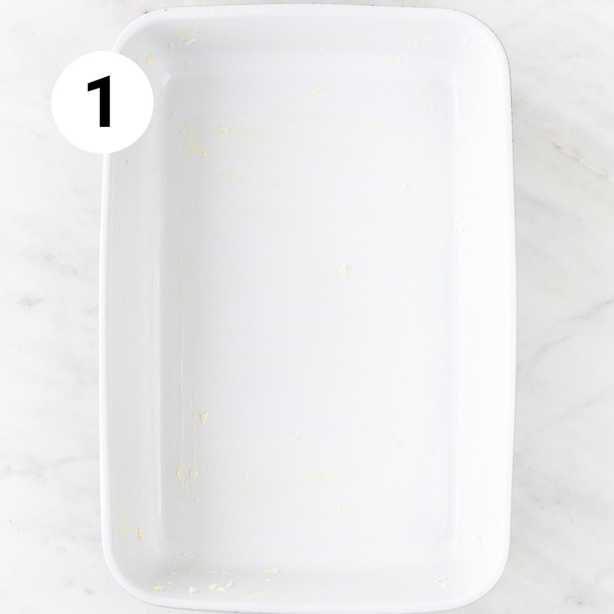 Greased baking dish.