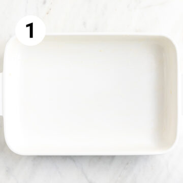 Greased baking dish.