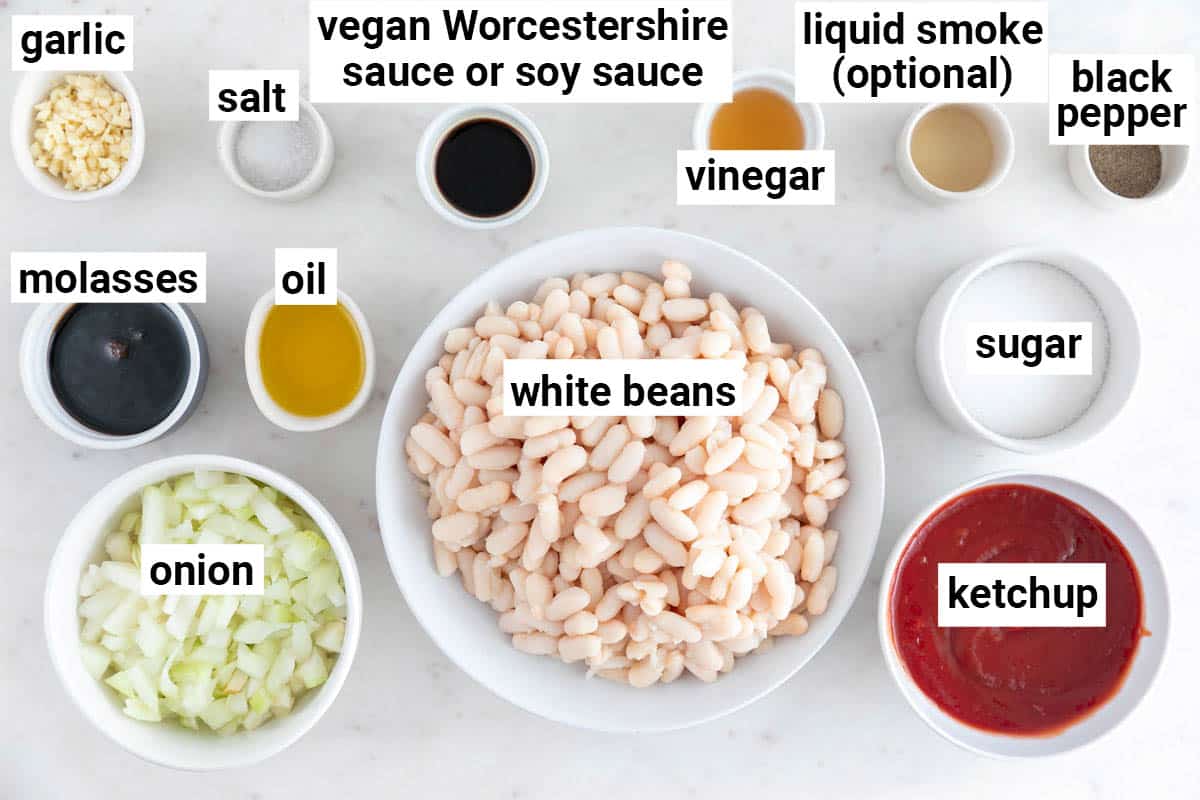 Ingredients needed to make vegan baked beans.