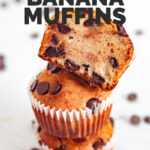 Photo of a pile of vegan banana muffins with the words vegan banana muffins