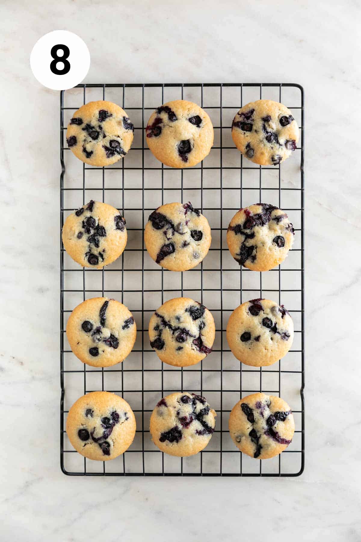 Baked vegan blueberry muffins resting on a cooling rack.