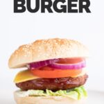 A side shot of a dish with a homemade vegan burger with a heading