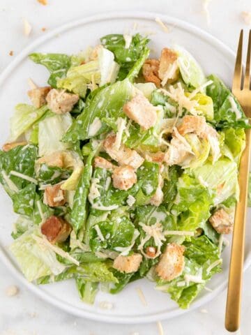 Plated Vegan Caesar Salad and fork.