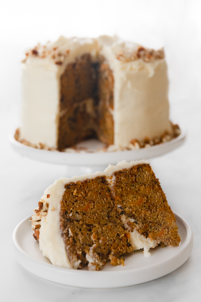 Photo of a slice of vegan carrot cake