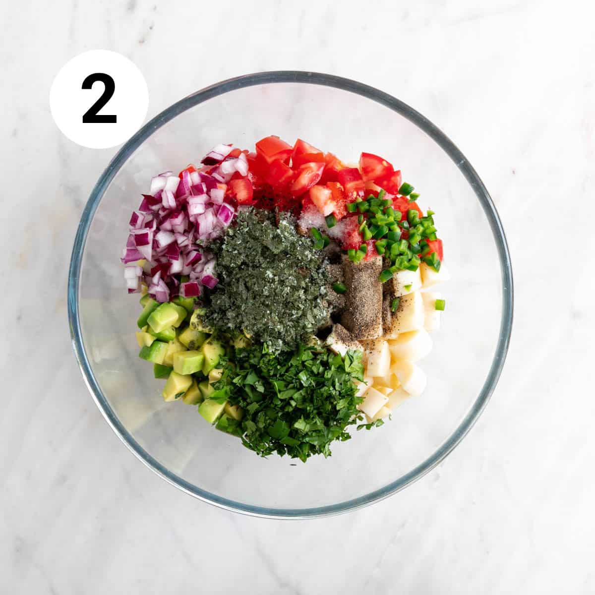 Vegan ceviche ingredients in a large bowl.