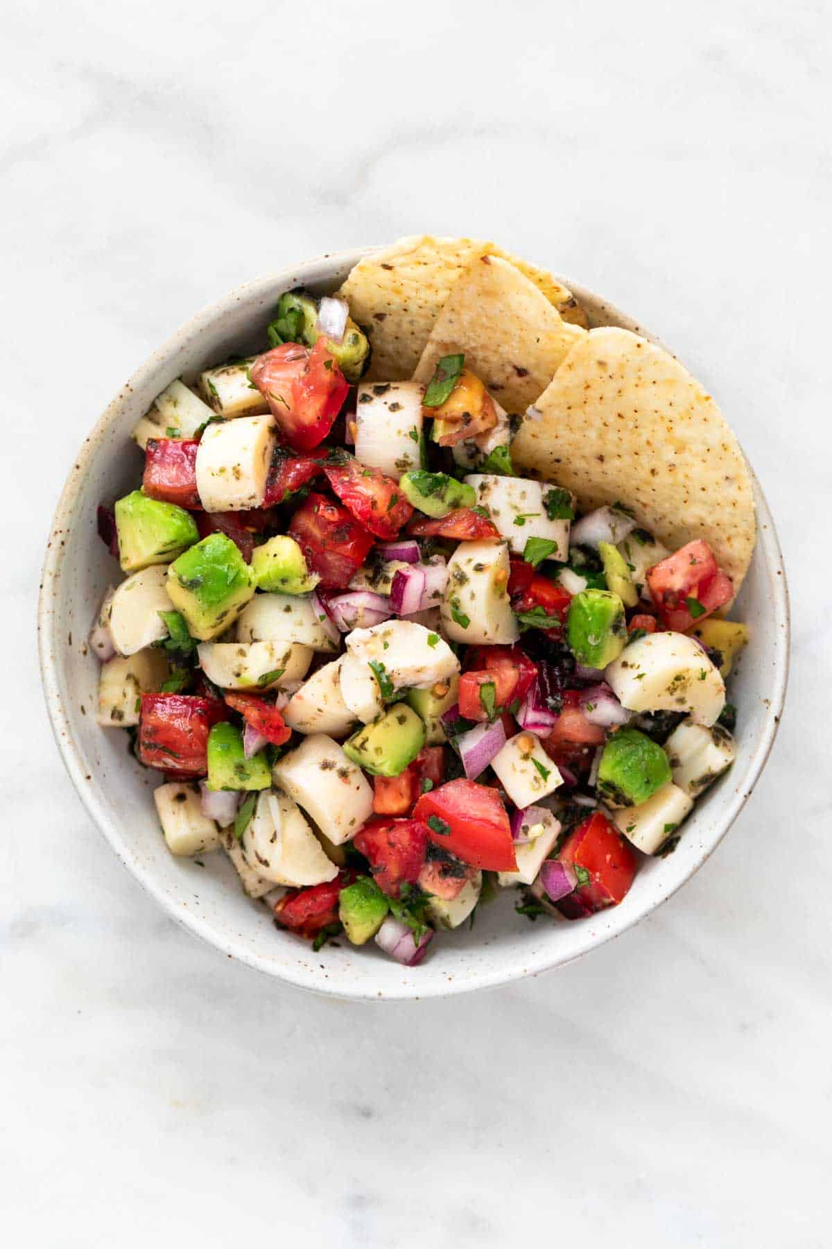 Bowl with vegan ceviche and tortilla chips.